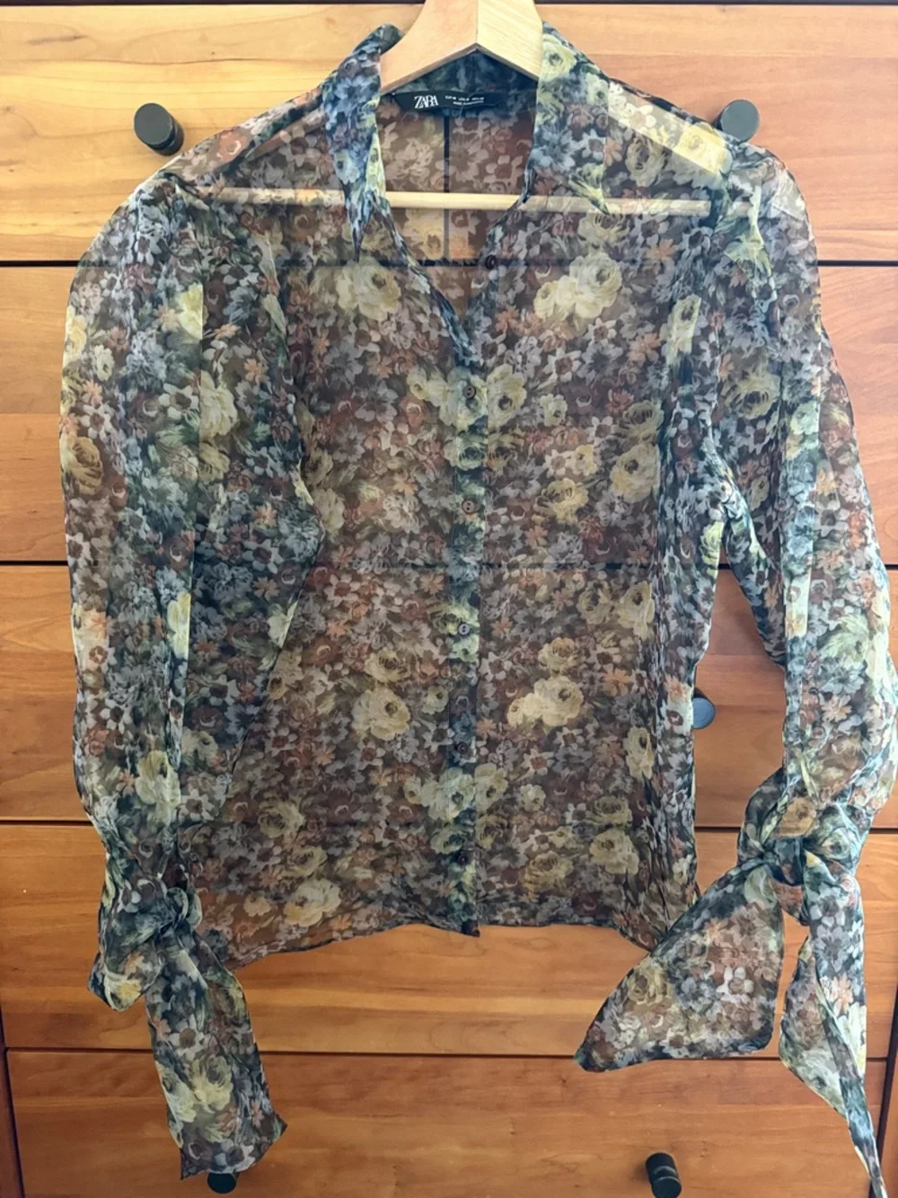 Zara Sheer Floral Button-Down Blouse in Yellow and Brown size M - Picture 6 of 6
